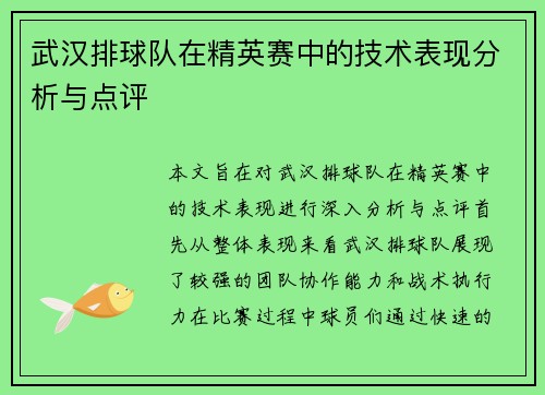 武汉排球队在精英赛中的技术表现分析与点评